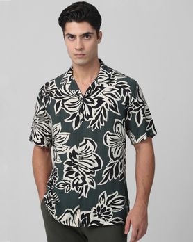 Dark Green Floral Print Relaxed Fit Casual Shirt