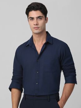 Navy Cotton Linen Plain Slim Fit Casual Shirt