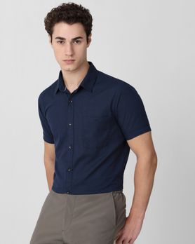 Navy Cotton Linen Plain Slim Fit Casual Shirt