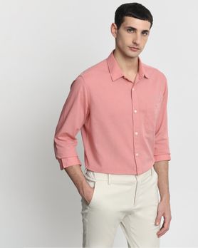 Pink Cotton Linen Plain Slim Fit Casual Shirt
