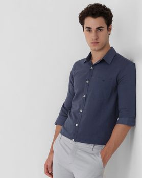 Blue Grey Cotton Linen Plain Slim Fit Casual Shirt