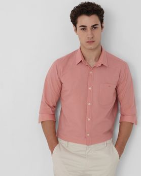 Peach Cotton Linen Plain Slim Fit Casual Shirt