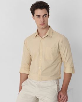 Beige Cotton Linen Plain Slim Fit Casual Shirt