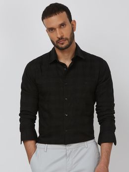Black Textured Check Slim Fit Casual Shirt