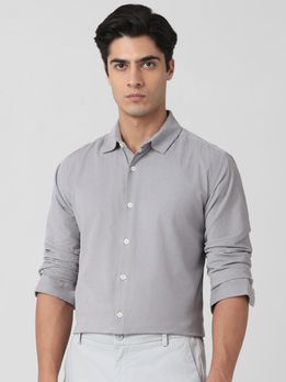 Light Grey Corduroy Plain Slim Fit Casual Shirt