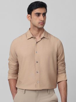 Light Khaki Textured Plain Slim Fit Casual Shirt