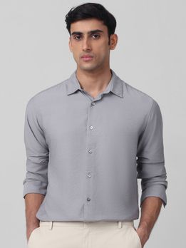 Grey Textured Plain Slim Fit Casual Shirt