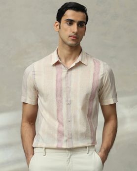 Pastel Pink Printed Stripe Slim Fit Casual Shirt