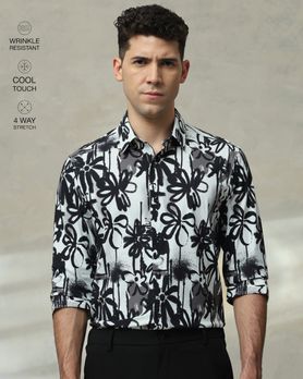 Black Scuba Print Stretch Slim Fit Casual Shirt