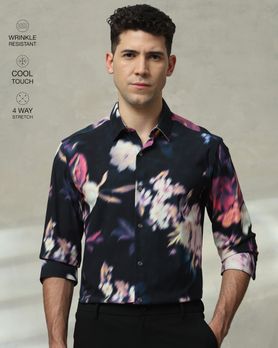 Black Scuba Print Stretch Slim Fit Casual Shirt