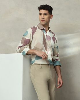 Off White Abstract Print Slim Fit Casual Shirt