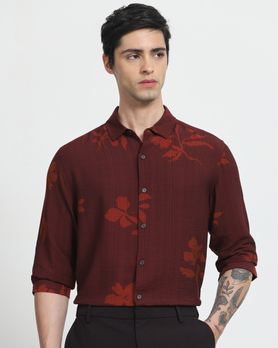 Maroon Floral Print Slim Fit Casual Shirt