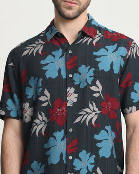 Dark Green Floral Print Slim Fit Casual Shirt