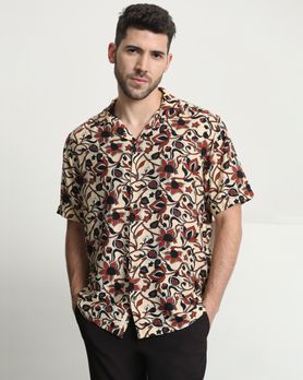Light Khaki Floral Print Relaxed Fit Casual Shirt