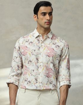 Off White Floral Print Stretch Slim Fit Casual Shirt