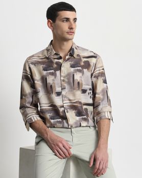 Light Olive Digital Print Slim Fit Casual Shirt
