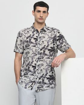 Light Grey Foliage Print Slim Fit Casual Shirt