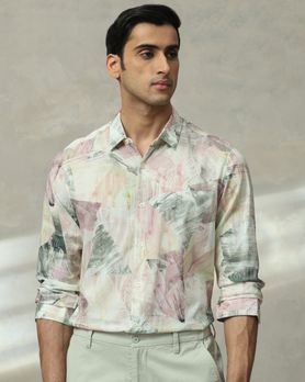 Pastel Pink Digital Print Slim Fit Casual Shirt