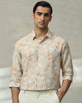 Beige Floral Print Slim Fit Casual Shirt