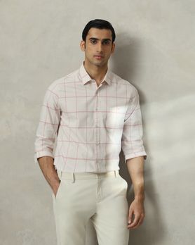 Pink Windowpane Check Slim Fit Casual Shirt