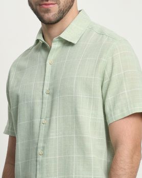 Light Green Textured Check Slim Fit Casual Shirt