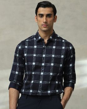 Navy Printed Check Slim Fit Casual Shirt