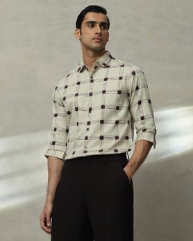 Beige Printed Check Slim Fit Casual Shirt