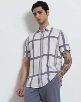 Beige Large Check Slim Fit Casual Shirt