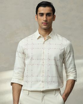 Off White Printed Check Slim Fit Casual Shirt