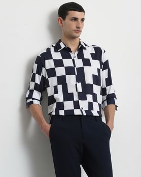Navy Large Check Stretch Slim Fit Casual Shirt