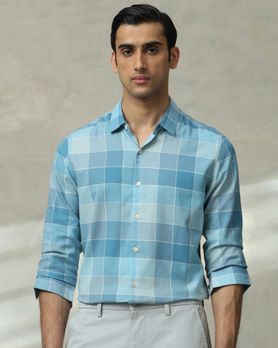 Teal Large Check Slim Fit Casual Shirt