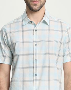 Light Blue Seersucker Check Slim Fit Casual Shirt