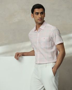 Peach Square Check Slim Fit Casual Shirt