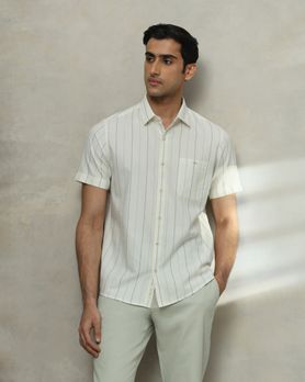 Off White Pin Stripe Slim Fit Casual Shirt