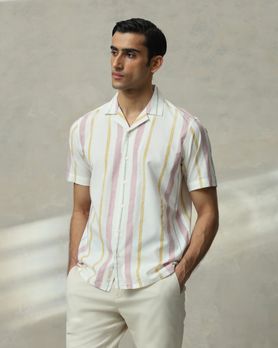 Pastel Pink Printed Stripe Slim Fit Casual Shirt