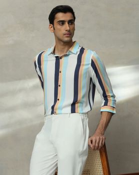 Multicolour Printed Stripe Slim Fit Casual Shirt