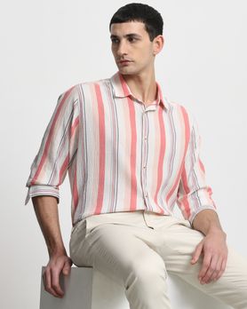Pink Textured Stripe Slim Fit Casual Shirt
