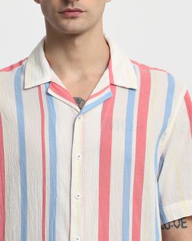Off White Textured Stripe Relaxed Fit Casual Shirt