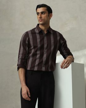 Brown Satin Stripe Slim Fit Casual Shirt