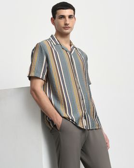 Teal Textured Stripe Relaxed Fit Casual Shirt