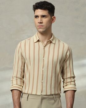 Beige Textured Stripe Slim Fit Casual Shirt