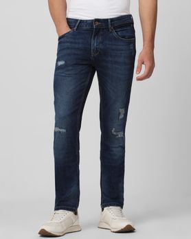Dark Indigo Blue Super Slim Fit Distressed Stretch Jeans