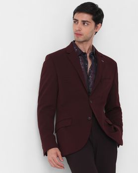 Maroon Textured Plain Slim Fit Blazer