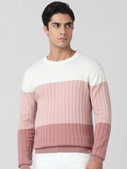 Peach Color-Blocked Slim Fit Sweater