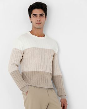 Beige Color-Blocked Slim Fit Sweater