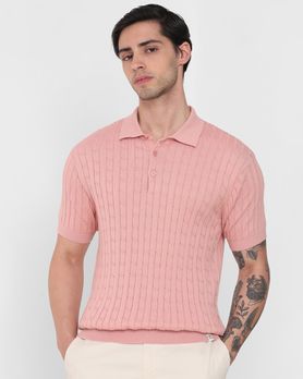 Pastel Pink Self Stripe Flatknit Slim Fit Polo