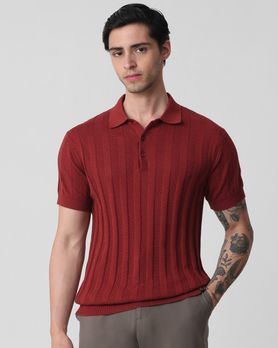 Rust Self Stripe Flatknit Slim Fit Polo