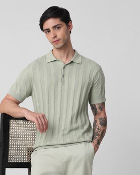 Light Olive Self Stripe Flatknit Slim Fit Polo