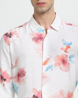 White Floral Print Slim Fit Casual Shirt