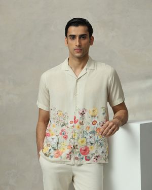 Beige Resort Print Relaxed Fit Casual Shirt